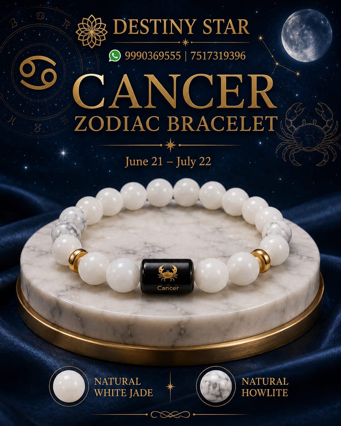 Cancer Zodiac Bracelet – White Jade and Howlite By Destiny Star Stores