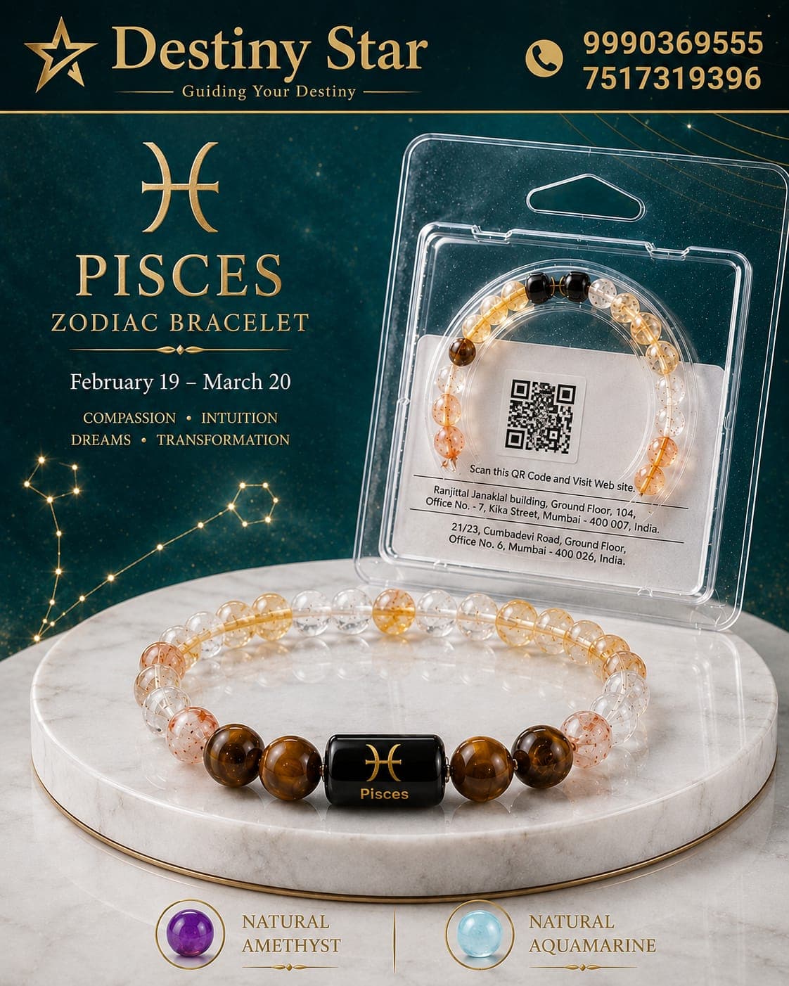 Pisces Zodiac Bracelet – Amethyst and Aquamarine By Destiny Star Stores