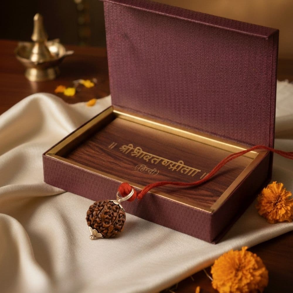 Divine Combo – Bhagwat Gita with Certified Rudraksha Pendant (Premium Gift Box Set)